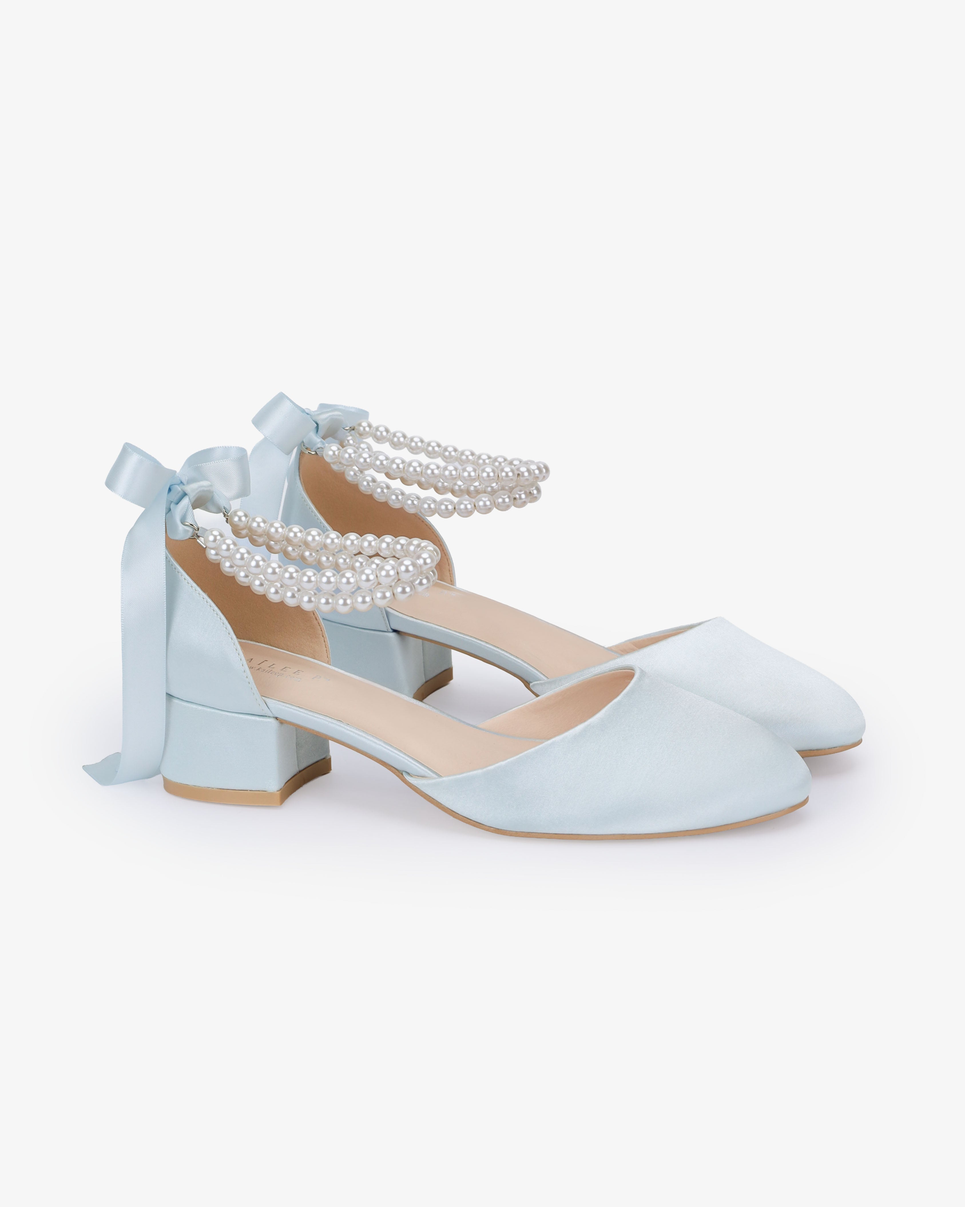 Round Toe Satin Low Block Heel with Double Pearls Ankle Strap