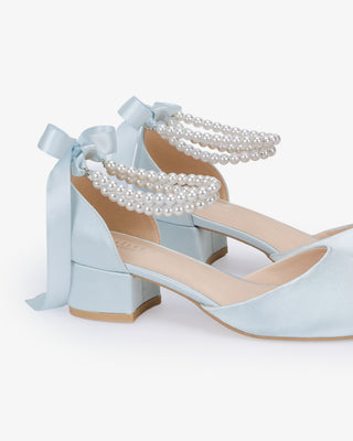 Round Toe Satin Low Block Heel with Double Pearls Ankle Strap