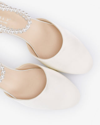 Round Toe Satin Low Block Heel with Double Pearls Ankle Strap