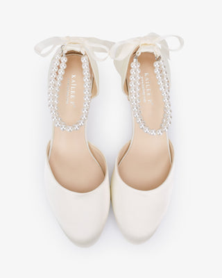 Round Toe Satin Low Block Heel with Double Pearls Ankle Strap