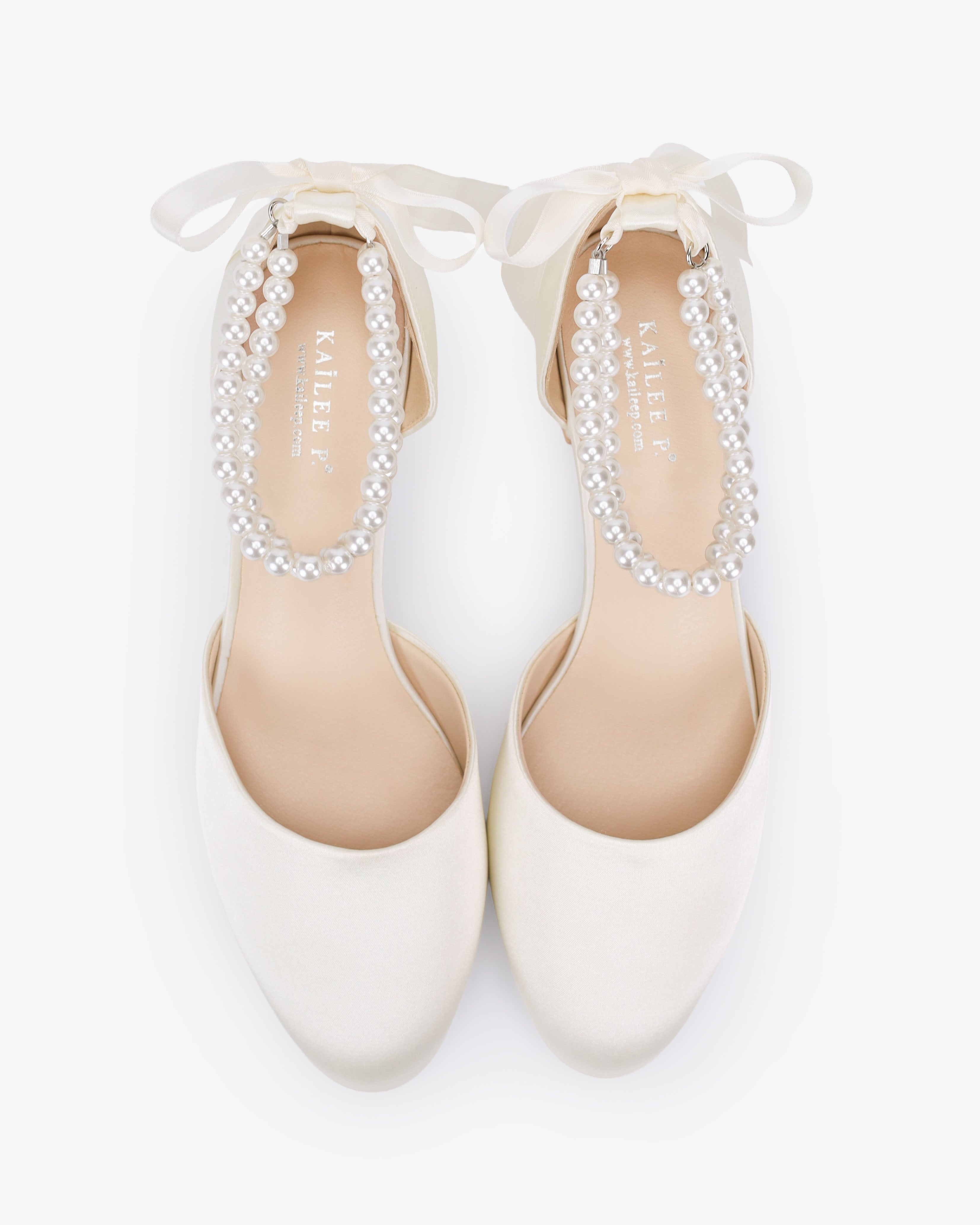 Round Toe Satin Low Block Heel with Double Pearls Ankle Strap