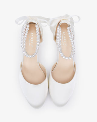 Round Toe Satin Low Block Heel with Double Pearls Ankle Strap