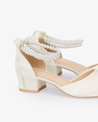 Round Toe Satin Low Block Heel with Double Pearls Ankle Strap
