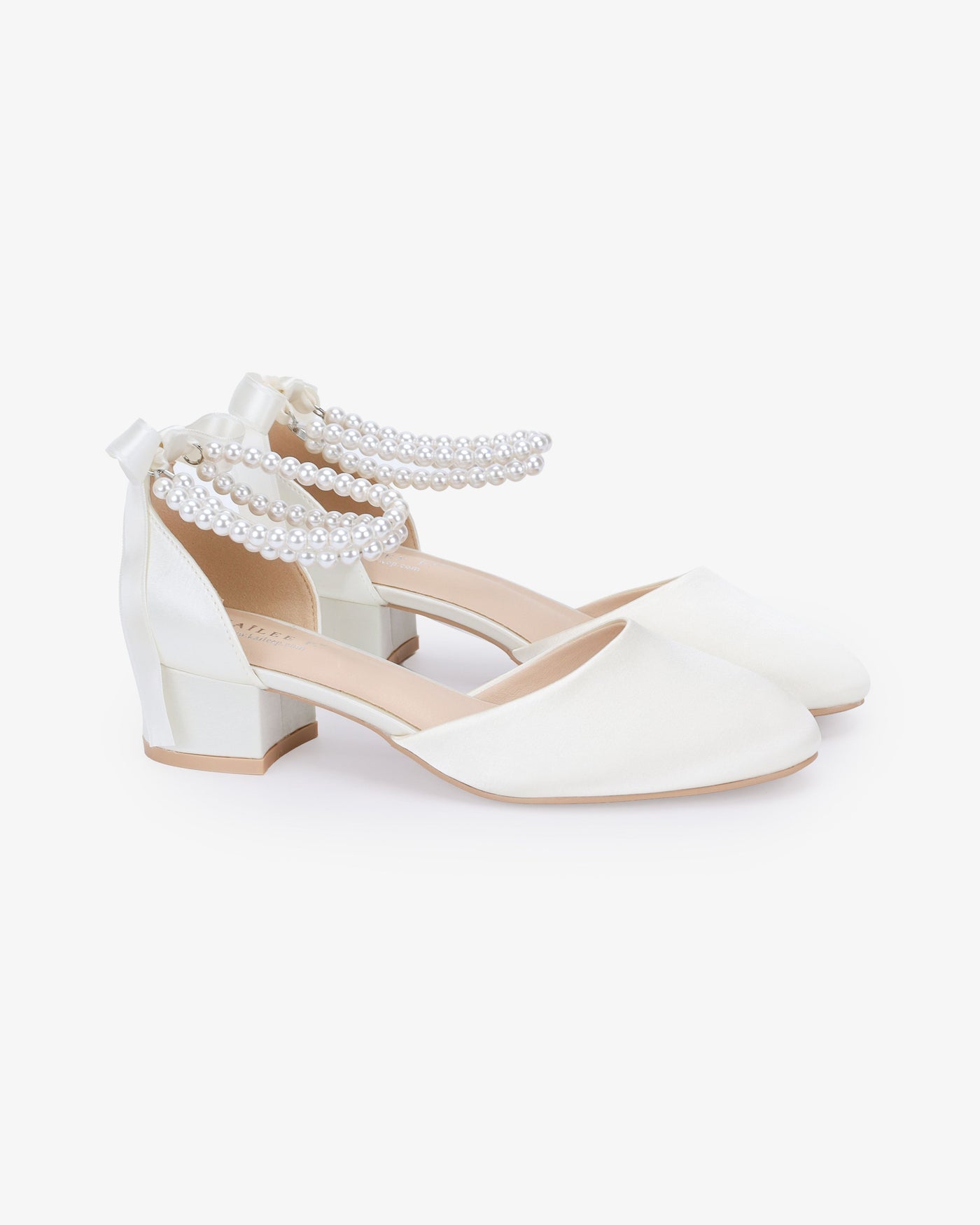 Round Toe Satin Low Block Heel with Double Pearls Ankle Strap - Glamourous Grace