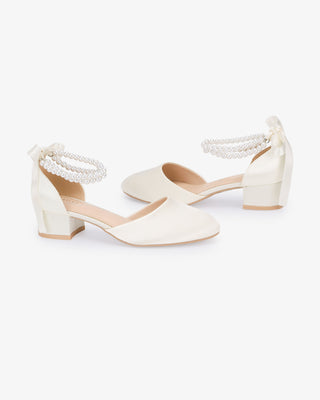 Round Toe Satin Low Block Heel with Double Pearls Ankle Strap