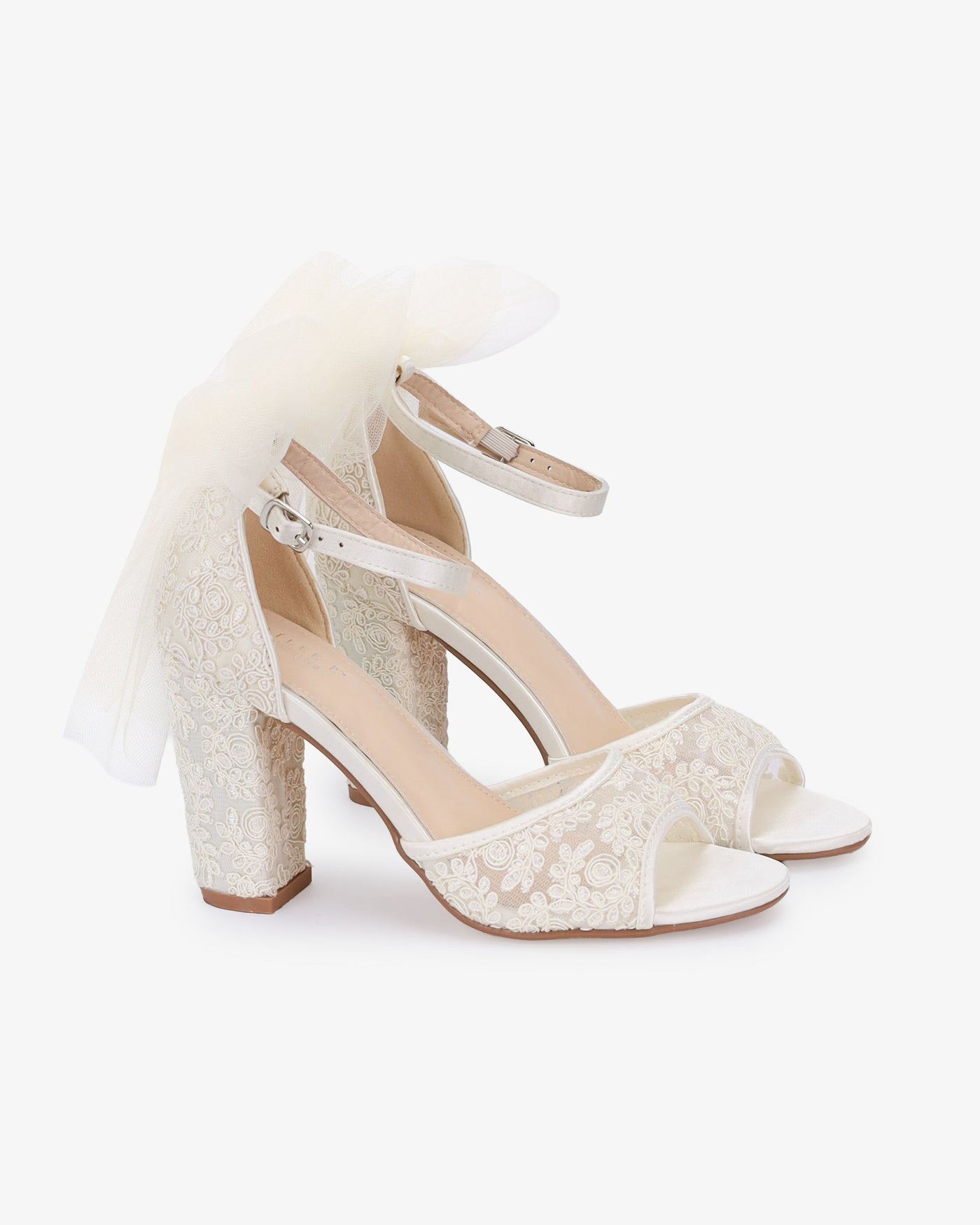 Crochet Lace Block Heel Sandals with Tulle Back Bow - Glamourous Grace