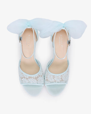 Crochet Lace Block Heel Sandals with Tulle Back Bow