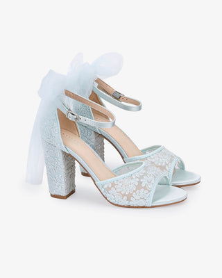 Crochet Lace Block Heel Sandals with Tulle Back Bow