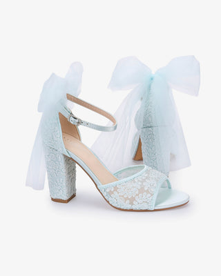 Crochet Lace Block Heel Sandals with Tulle Back Bow