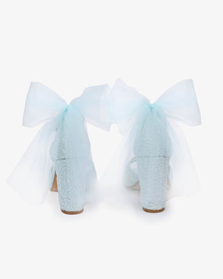Crochet Lace Block Heel Sandals with Tulle Back Bow