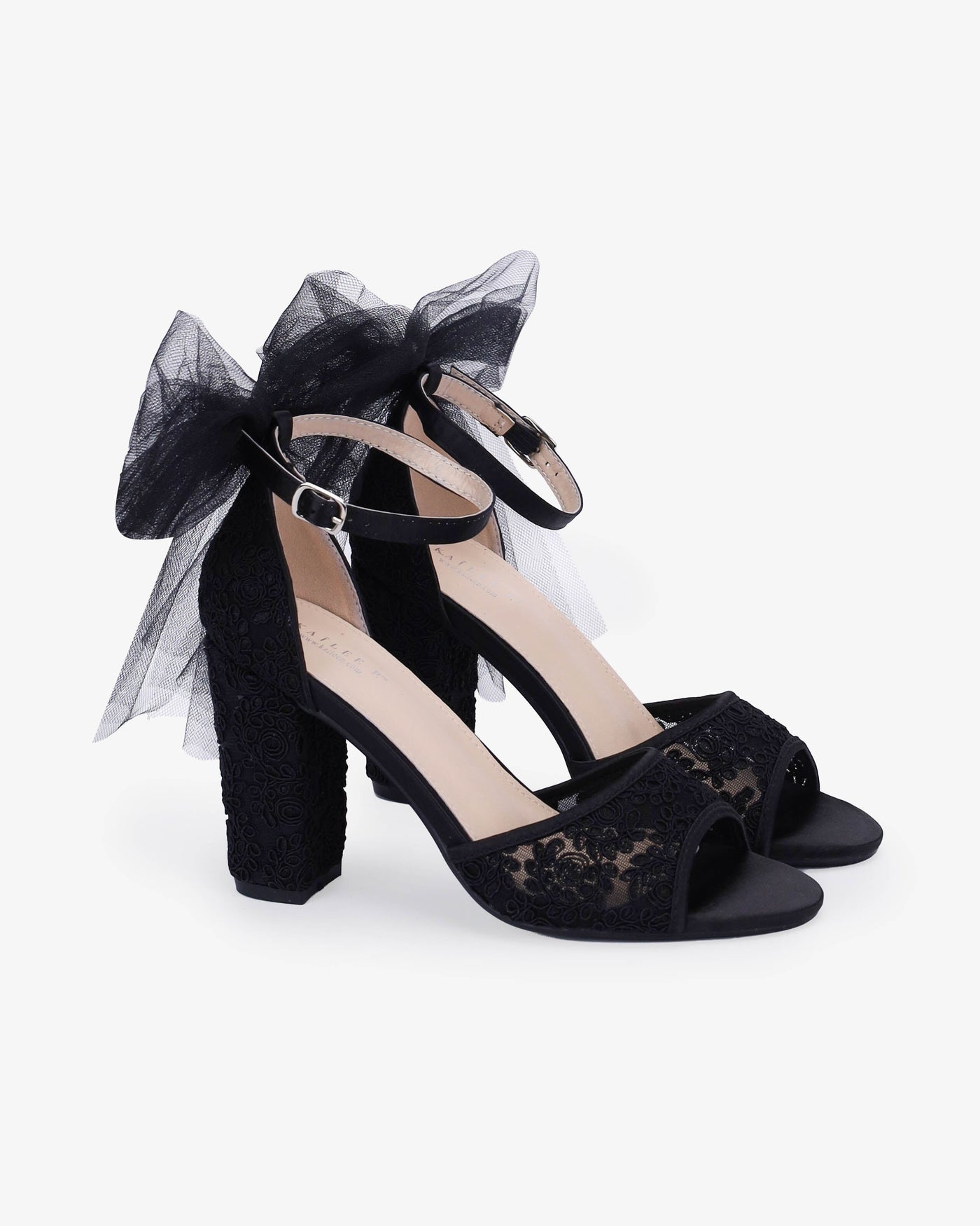 Crochet Lace Block Heel Sandals with Tulle Back Bow - Glamourous Grace