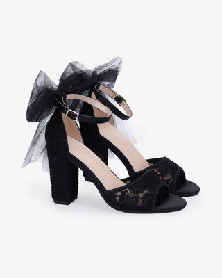 Crochet Lace Block Heel Sandals with Tulle Back Bow