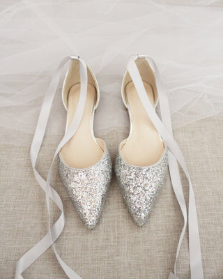 Rock Glitter Pointy Toe Flats with Satin Ankle Tie or Ballerina Lace Up