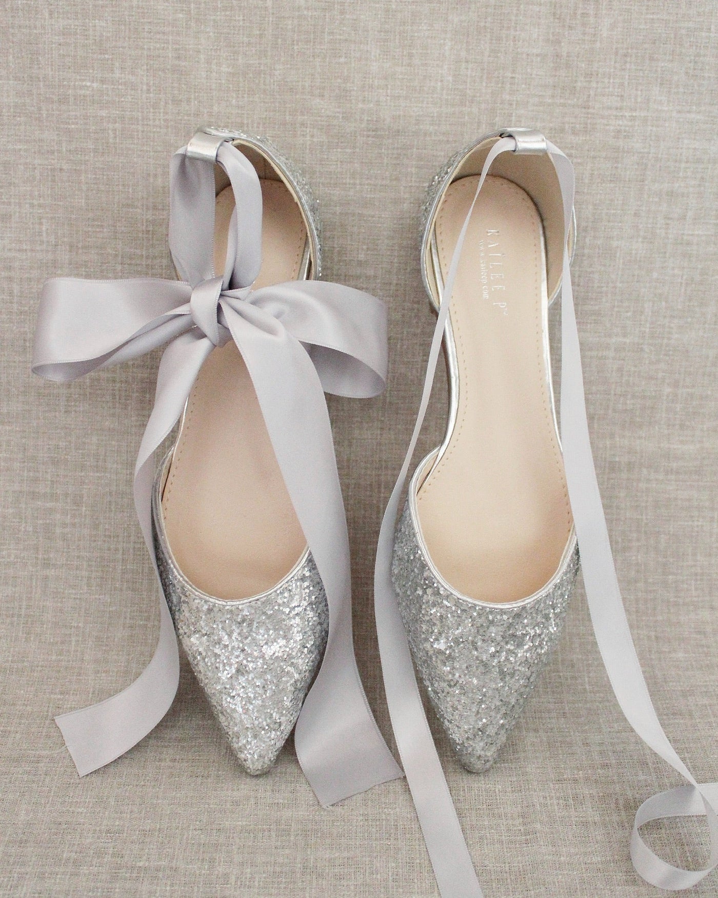 Rock Glitter Pointy Toe Flats with Satin Ankle Tie or Ballerina Lace Up - Glamourous Grace