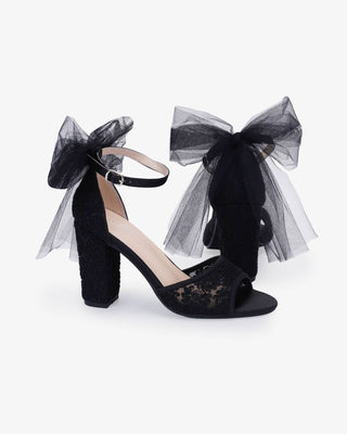 Crochet Lace Block Heel Sandals with Tulle Back Bow