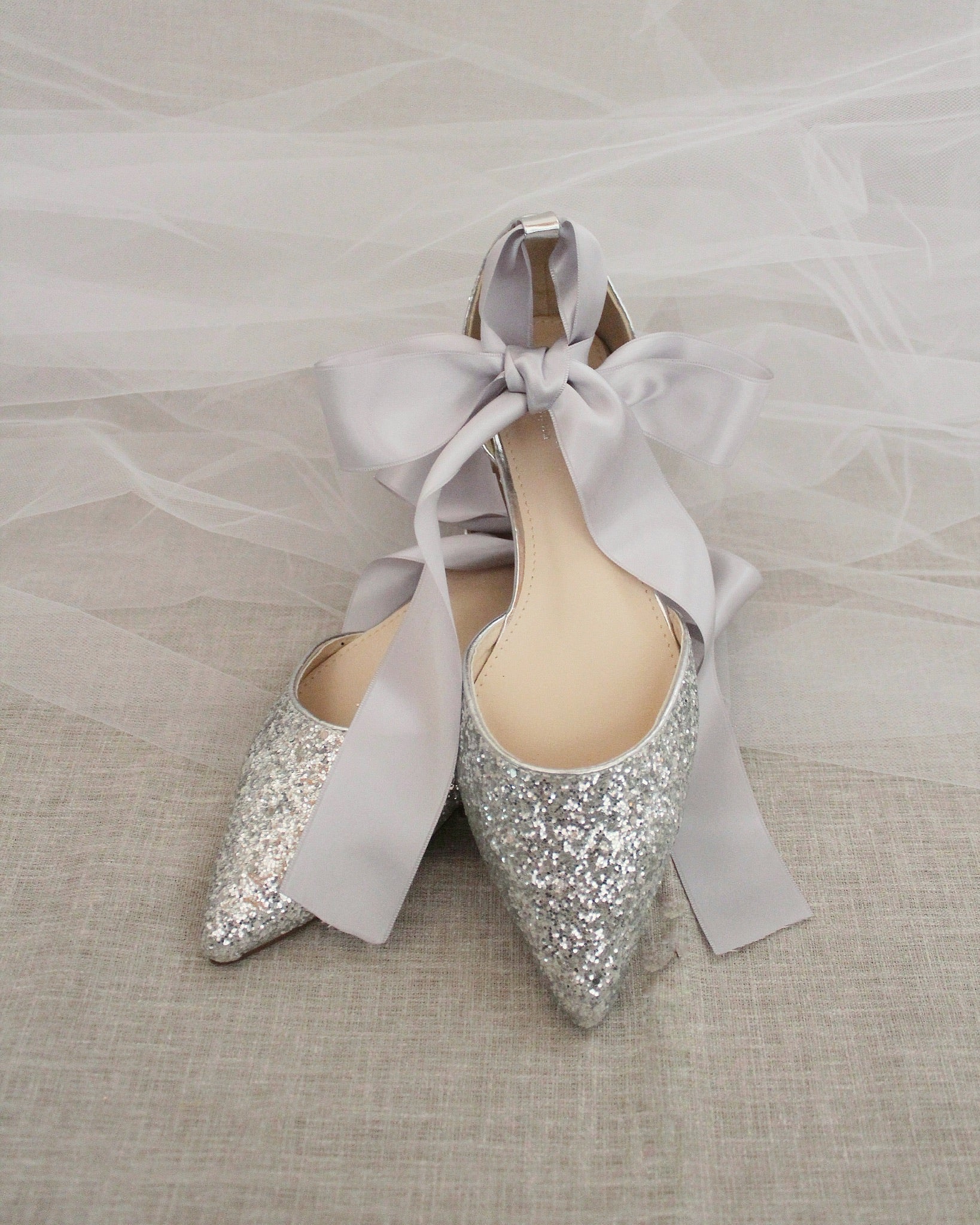 Rock Glitter Pointy Toe Flats with Satin Ankle Tie or Ballerina Lace Up