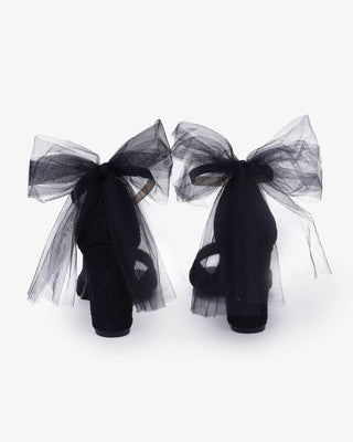 Crochet Lace Block Heel Sandals with Tulle Back Bow