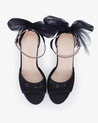 Crochet Lace Block Heel Sandals with Tulle Back Bow