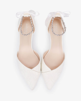 Lace Pointy Toe Low Block Heels Wedding Shoes with Amaryllis Strap