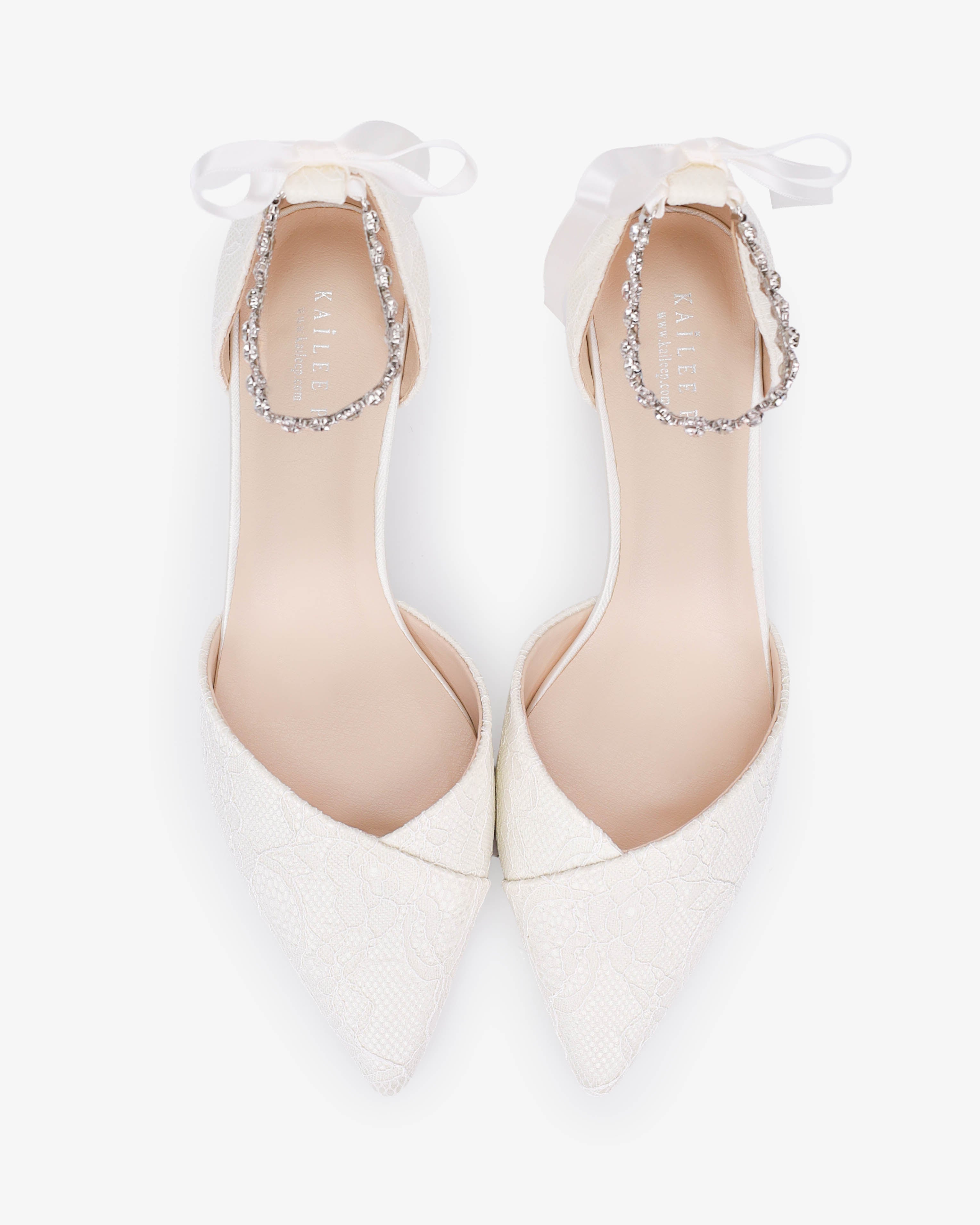 Lace Pointy Toe Low Block Heels Wedding Shoes with Amaryllis Strap