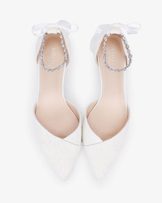 Lace Pointy Toe Low Block Heels Wedding Shoes with Amaryllis Strap