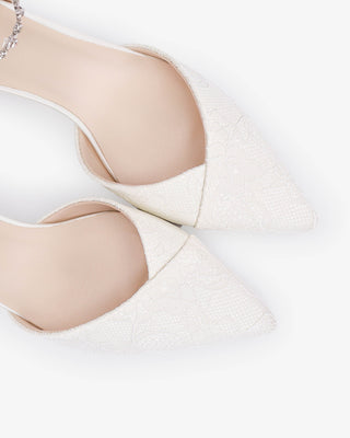 Lace Pointy Toe Low Block Heels Wedding Shoes with Amaryllis Strap