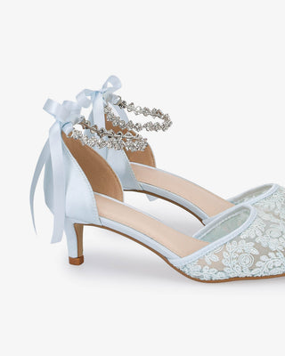 Crochet Lace Pointy Toe Wedding Kitten Low Heel with Amaryllis Strap
