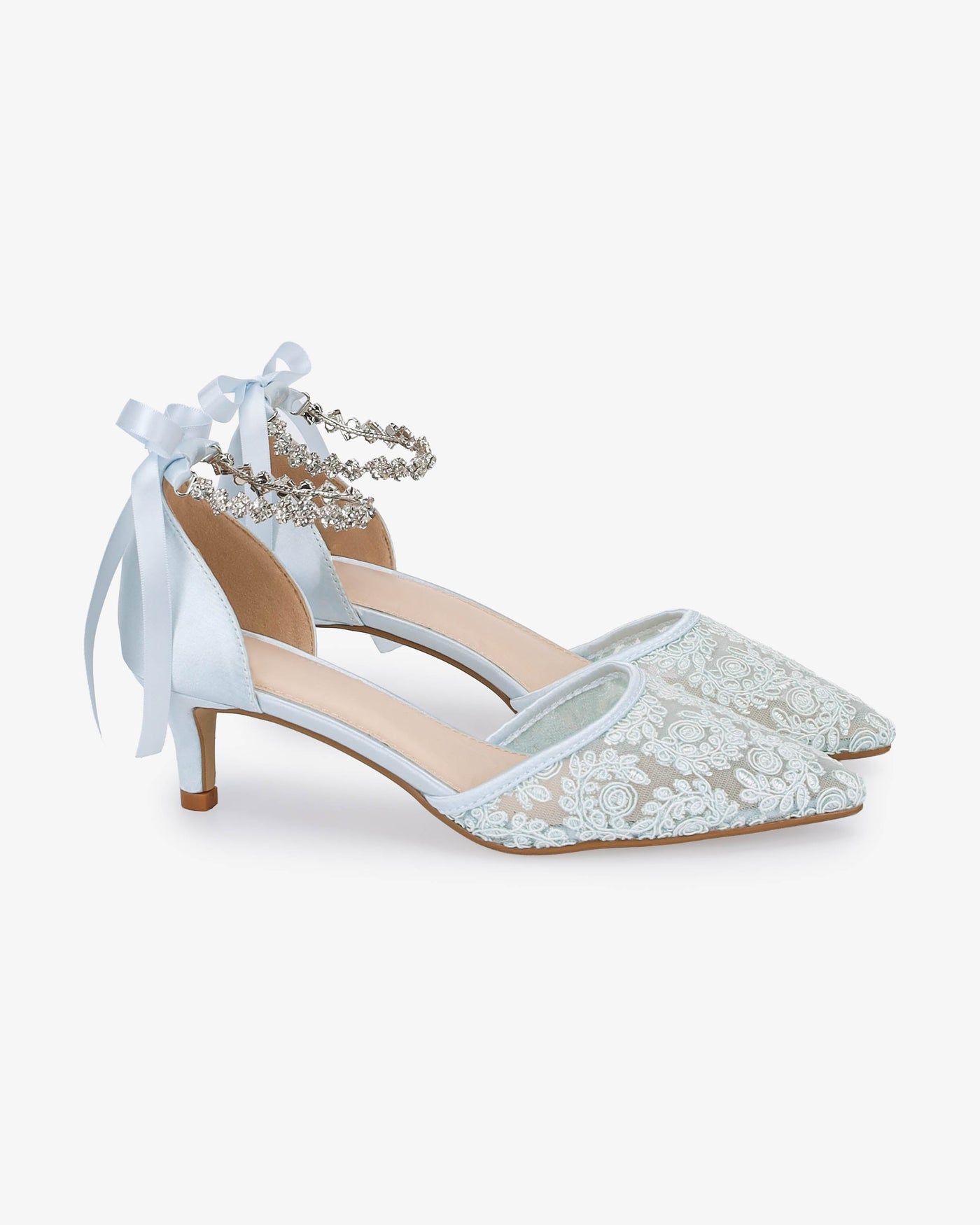 Crochet Lace Pointy Toe Wedding Kitten Low Heel with Amaryllis Strap - Glamourous Grace