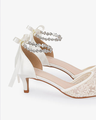 Crochet Lace Pointy Toe Wedding Kitten Low Heel with Amaryllis Strap