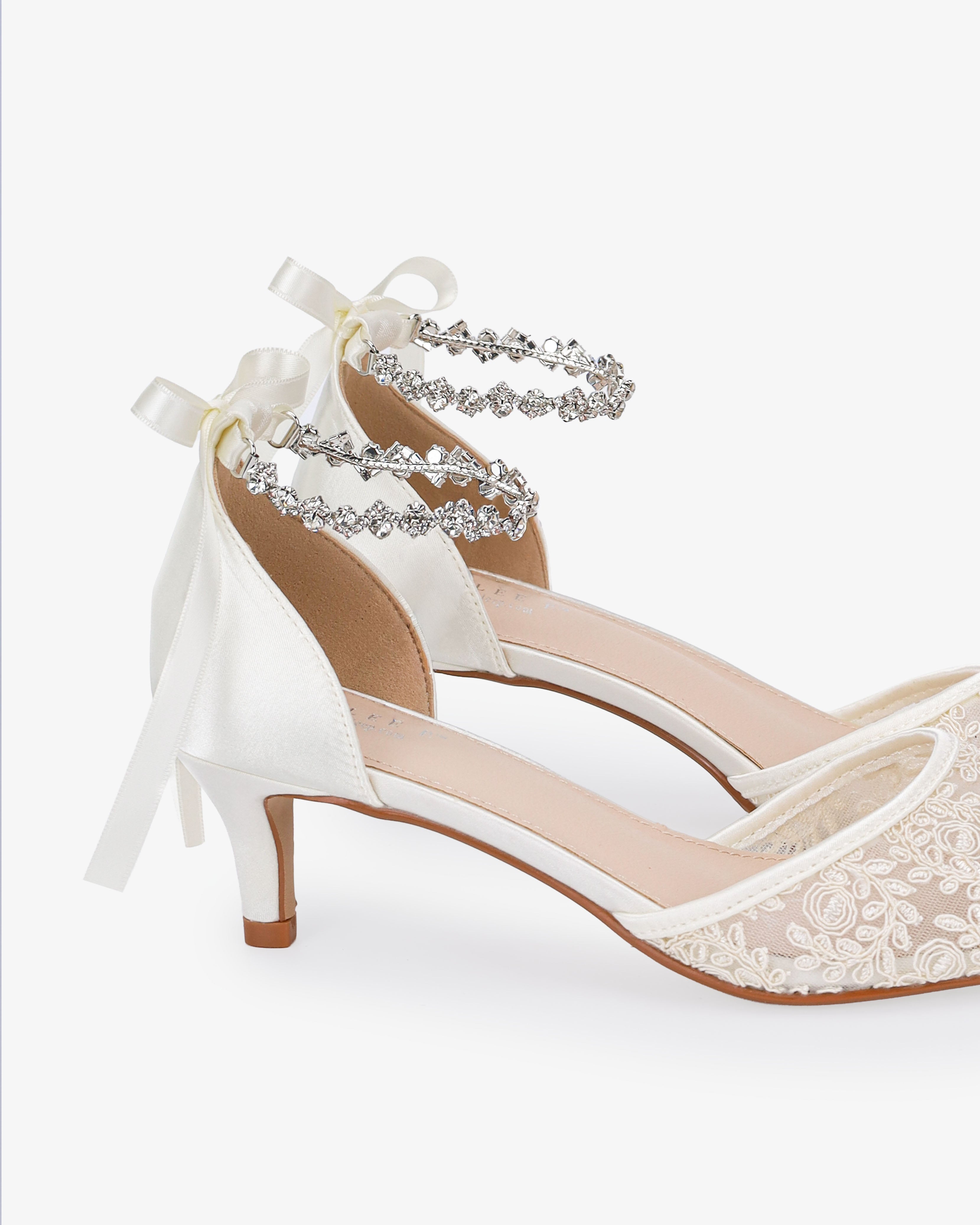 Crochet Lace Pointy Toe Wedding Kitten Low Heel with Amaryllis Strap