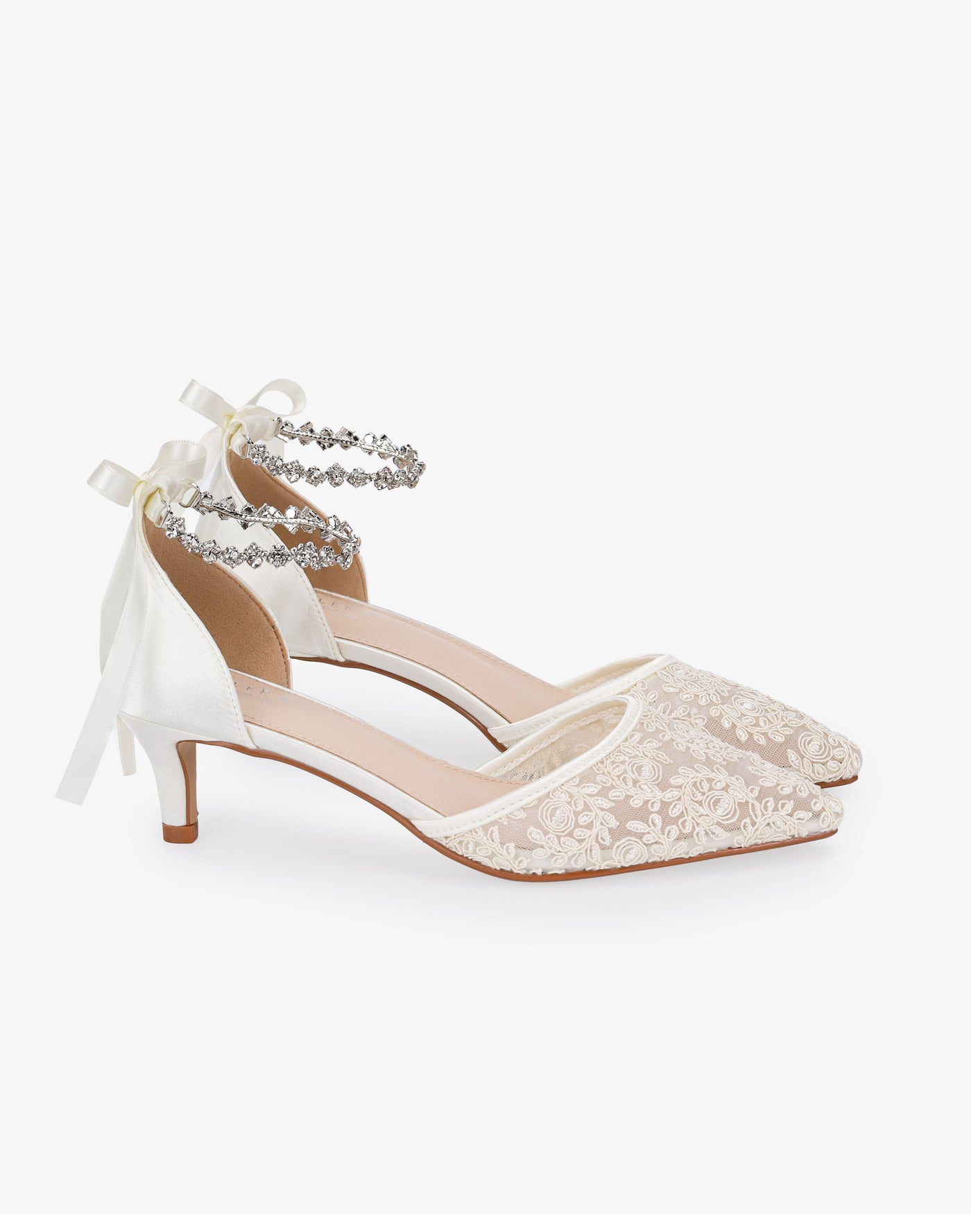 Crochet Lace Pointy Toe Wedding Kitten Low Heel with Amaryllis Strap - Glamourous Grace