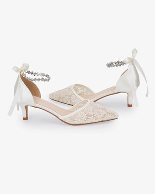 Crochet Lace Pointy Toe Wedding Kitten Low Heel with Amaryllis Strap