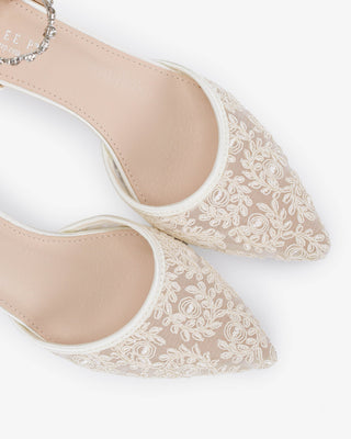 Crochet Lace Pointy Toe Wedding Kitten Low Heel with Amaryllis Strap