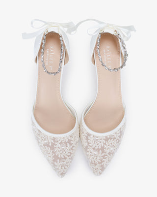 Crochet Lace Pointy Toe Wedding Kitten Low Heel with Amaryllis Strap