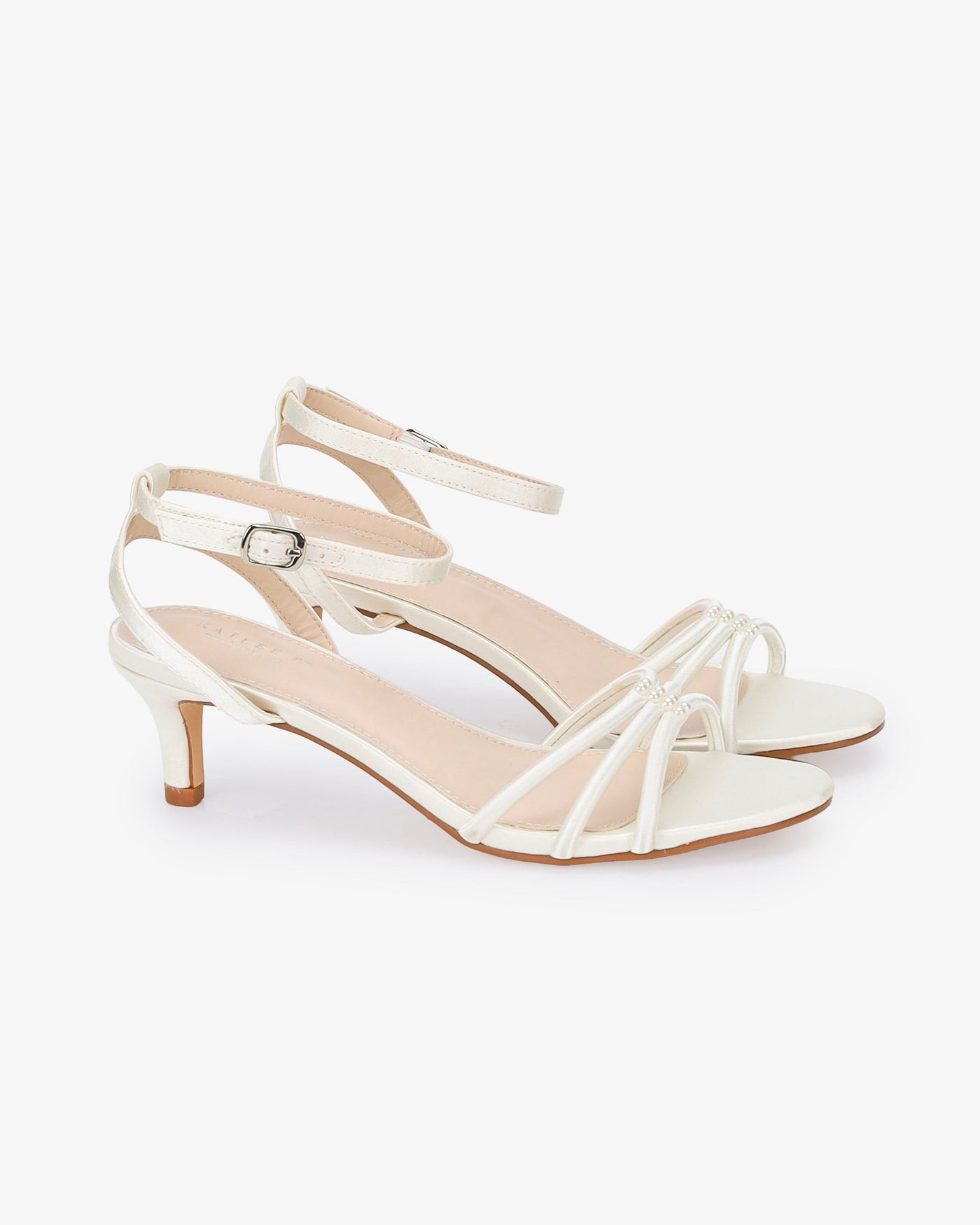 Satin Strappy Kitten Heel Wedding Sandals with Pearls Accents - Glamourous Grace