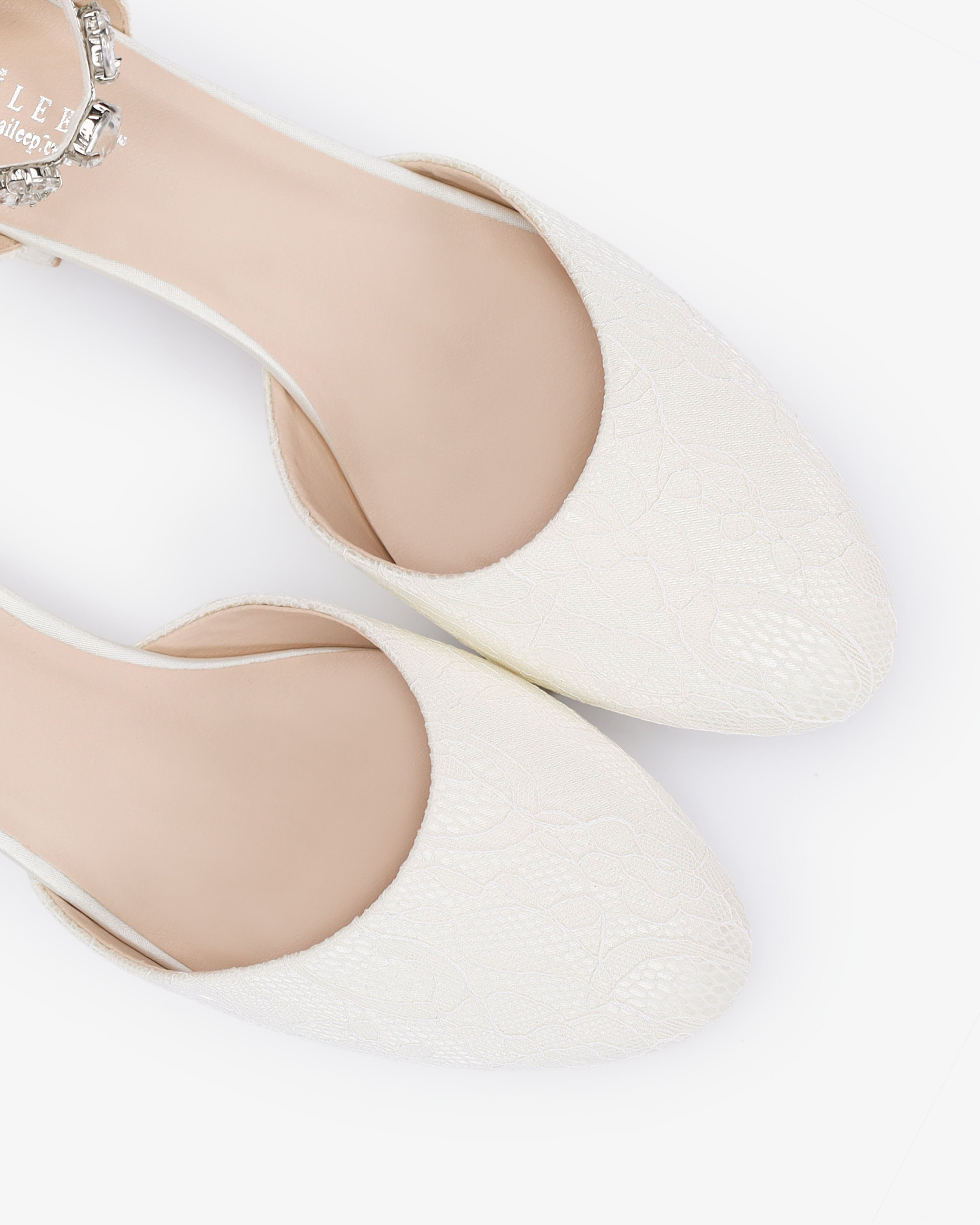 Lace Round Toe Low Block Heel Wedding Shoes with Navette Cluster Rhinestones Strap - Glamourous Grace