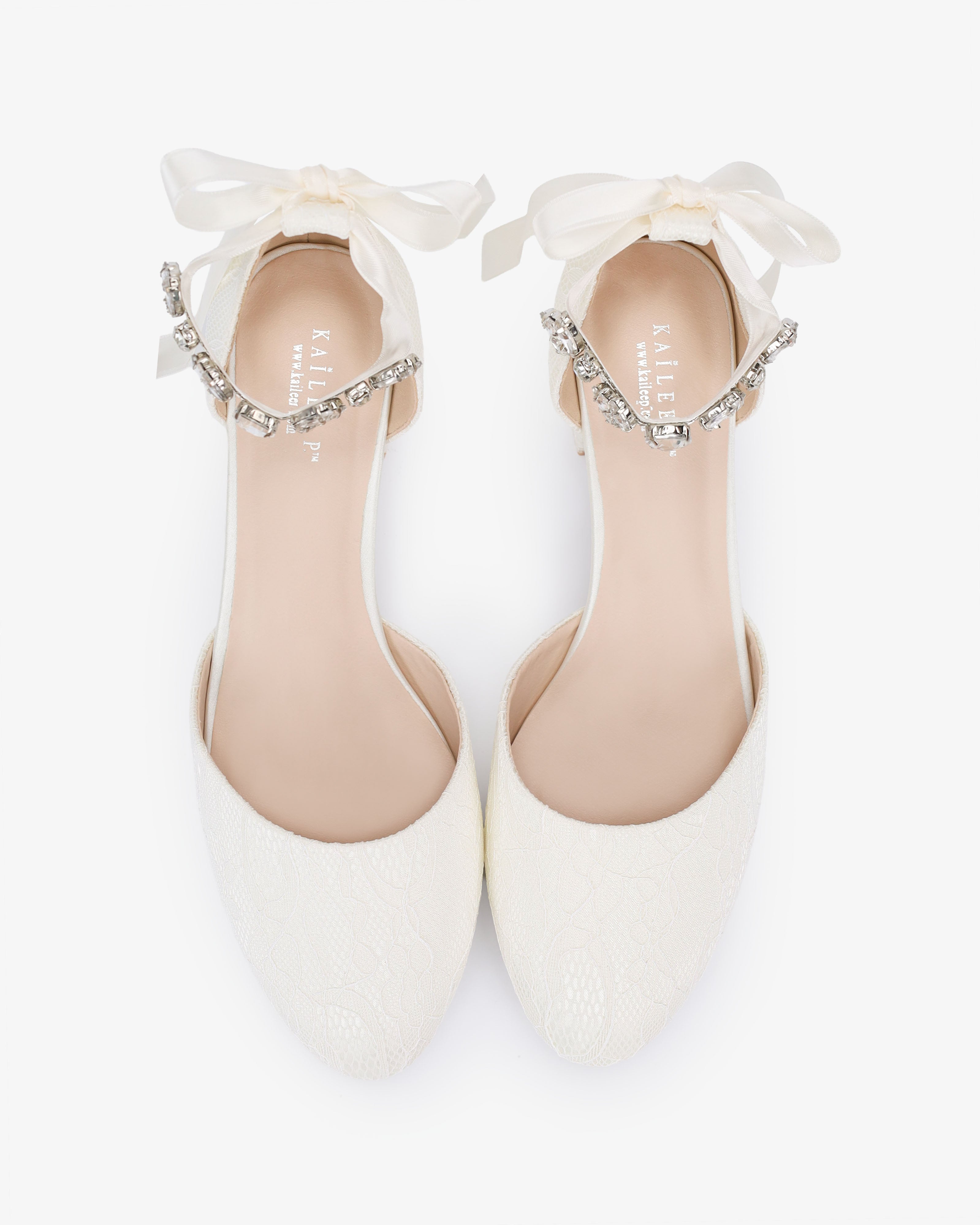 Lace Round Toe Low Block Heel Wedding Shoes with Navette Cluster Rhinestones Strap - Glamourous Grace