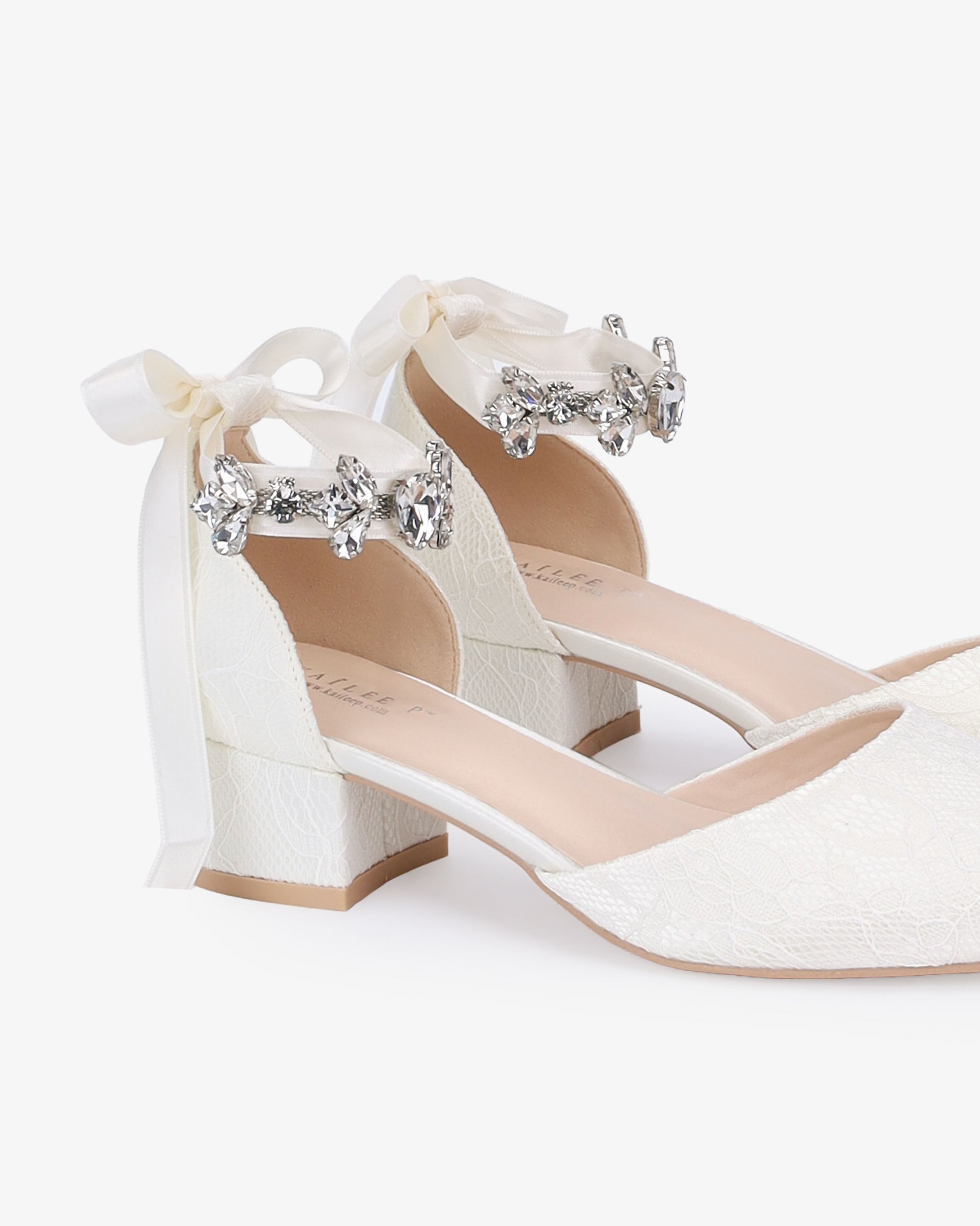 Lace Round Toe Low Block Heel Wedding Shoes with Navette Cluster Rhinestones Strap - Glamourous Grace