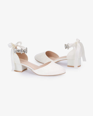 Lace Round Toe Low Block Heel Wedding Shoes with Navette Cluster Rhinestones Strap - Glamourous Grace