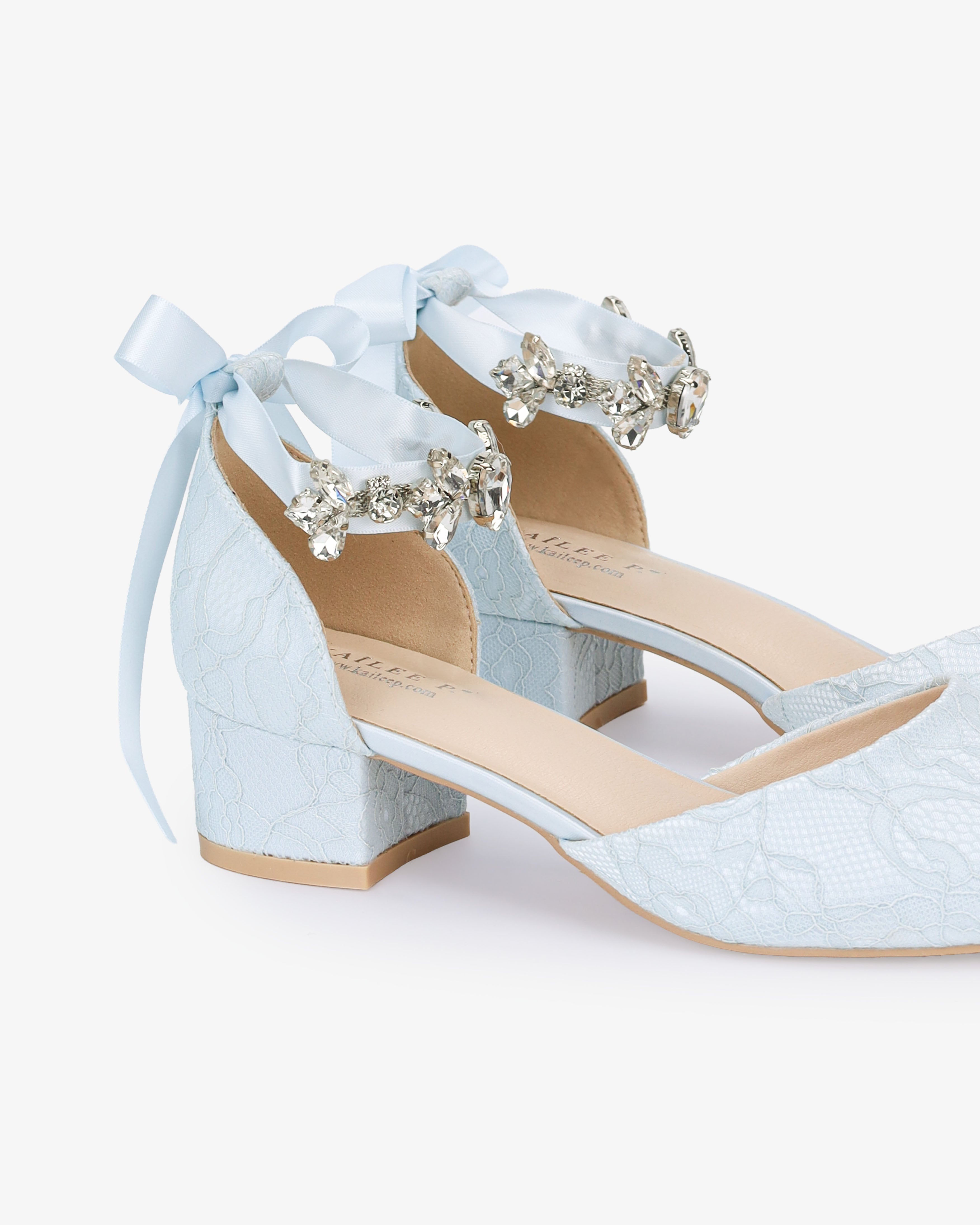 Lace Round Toe Low Block Heel Wedding Shoes with Navette Cluster Rhinestones Strap