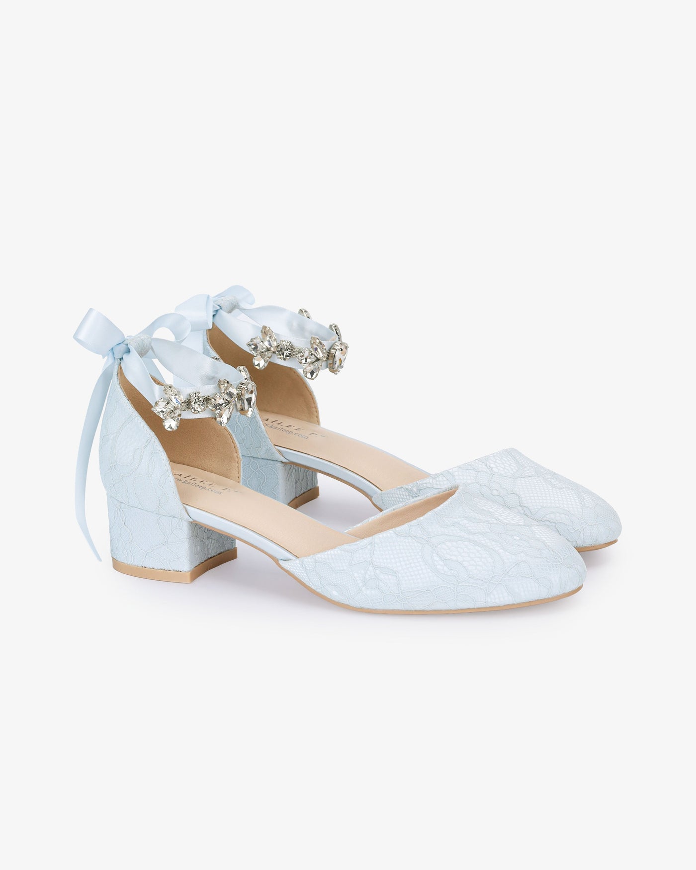 Lace Round Toe Low Block Heel Wedding Shoes with Navette Cluster Rhinestones Strap - Glamourous Grace