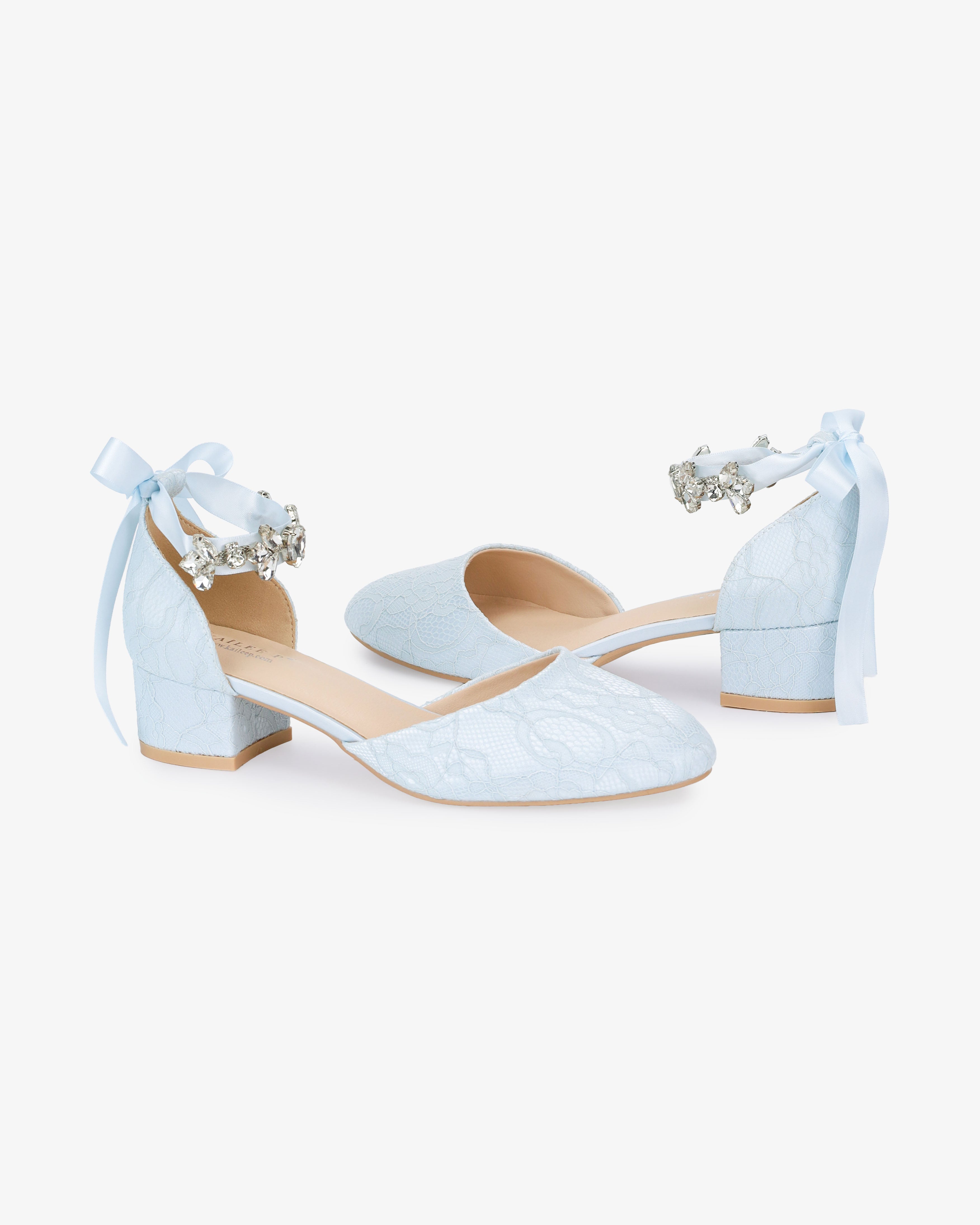 Lace Round Toe Low Block Heel Wedding Shoes with Navette Cluster Rhinestones Strap - Glamourous Grace