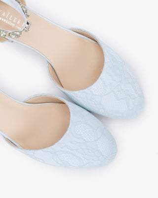 Lace Round Toe Low Block Heel Wedding Shoes with Navette Cluster Rhinestones Strap