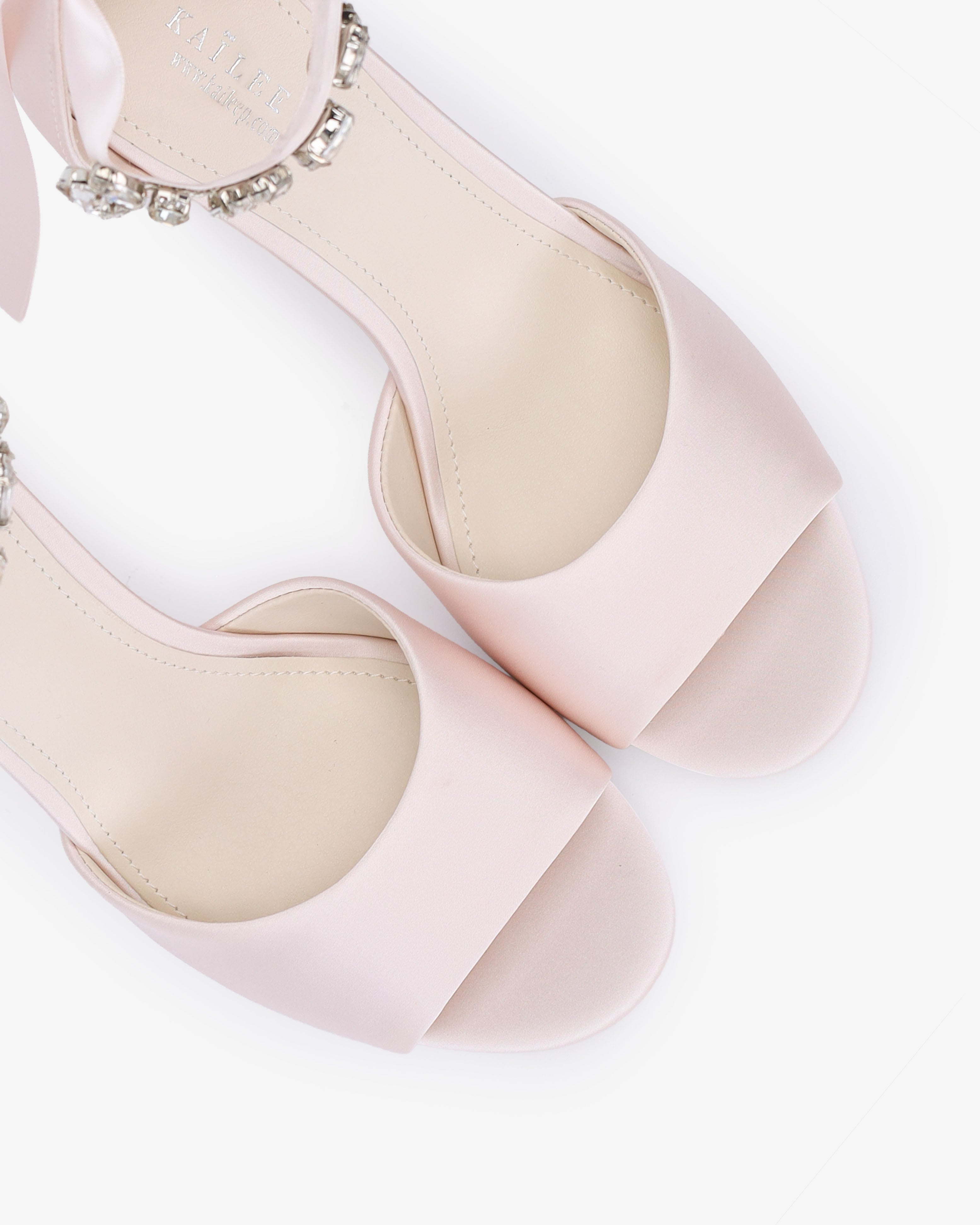 Satin Block Heel Evening Sandals with Navette Cluster Rhinestones Strap - Glamourous Grace