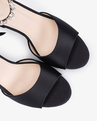 Satin Block Heel Evening Sandals with Navette Cluster Rhinestones Strap - Glamourous Grace