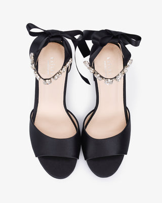 Satin Block Heel Evening Sandals with Navette Cluster Rhinestones Strap - Glamourous Grace