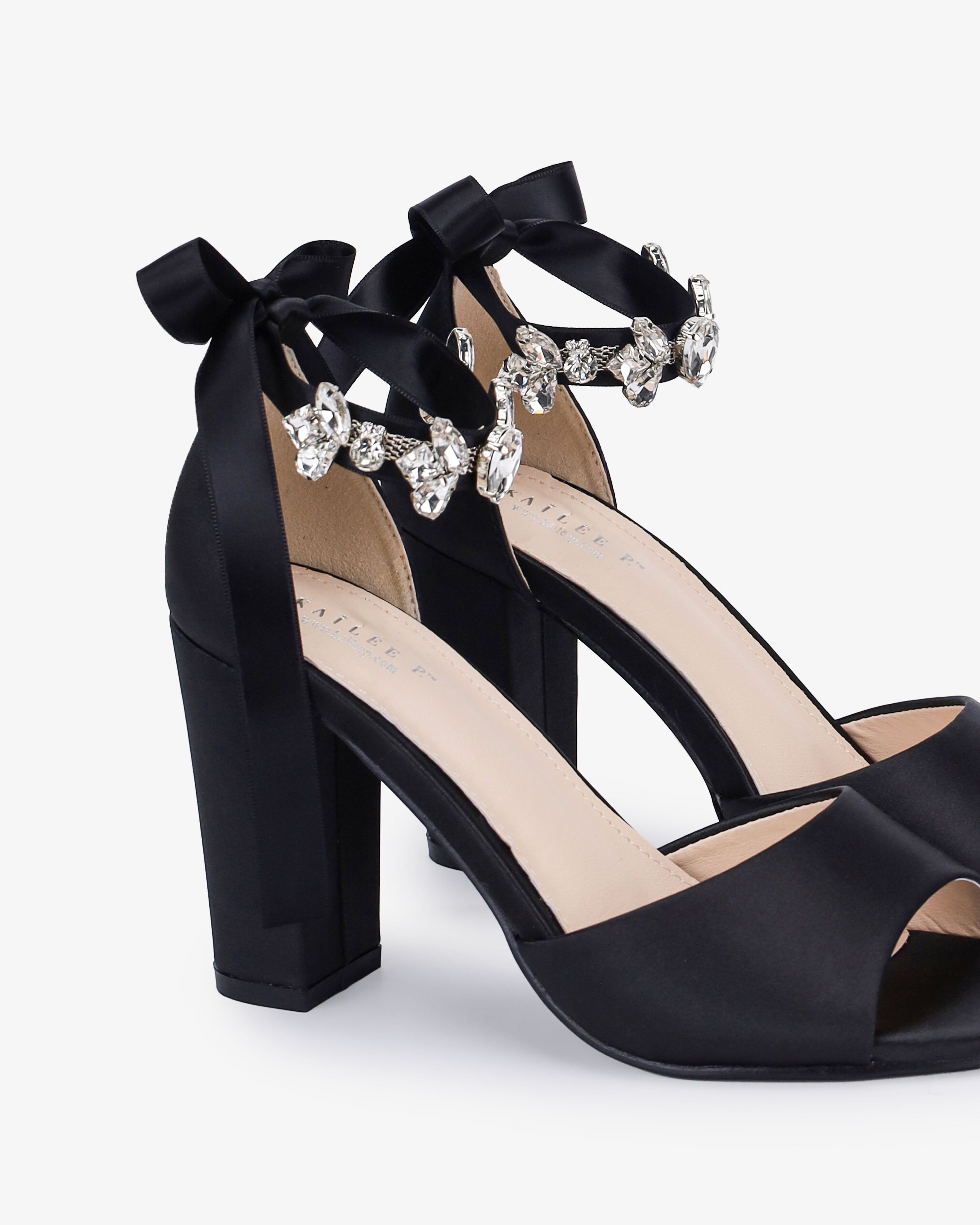 Satin Block Heel Evening Sandals with Navette Cluster Rhinestones Strap - Glamourous Grace