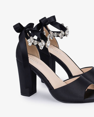 Satin Block Heel Evening Sandals with Navette Cluster Rhinestones Strap - Glamourous Grace