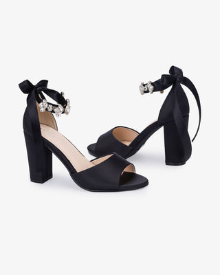 Satin Block Heel Evening Sandals with Navette Cluster Rhinestones Strap - Glamourous Grace