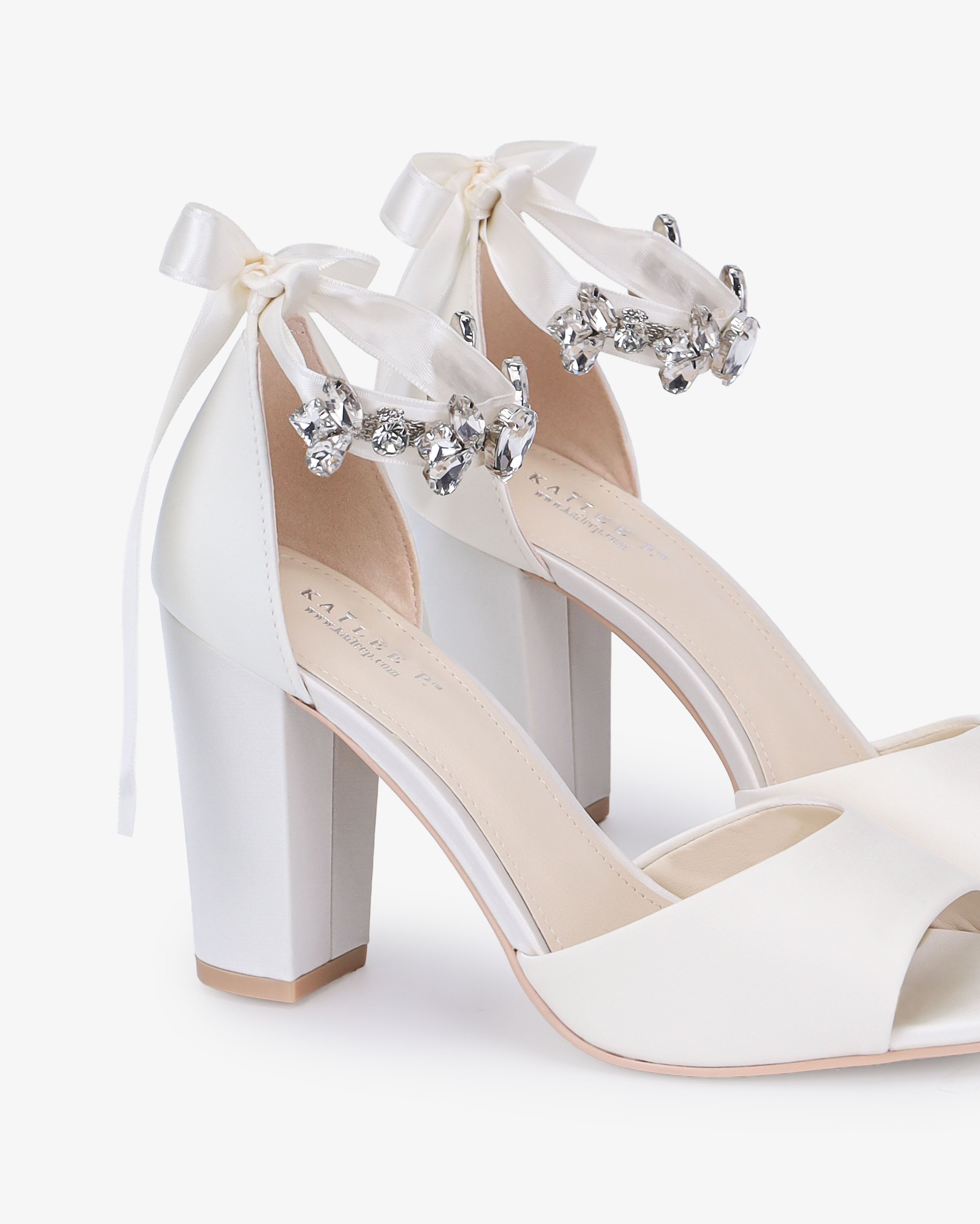 Satin Block Heel Wedding Sandals with Navette Cluster Rhinestones Strap - Glamourous Grace